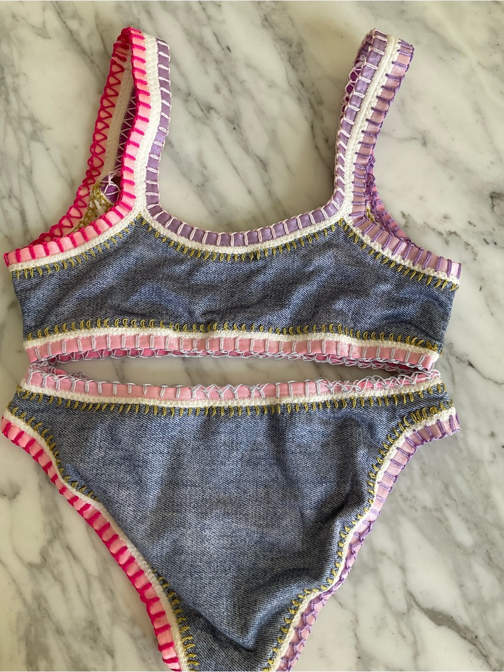 Girls Denim-Look Two-Piece Swim Bikini with Pink & Purple Trim